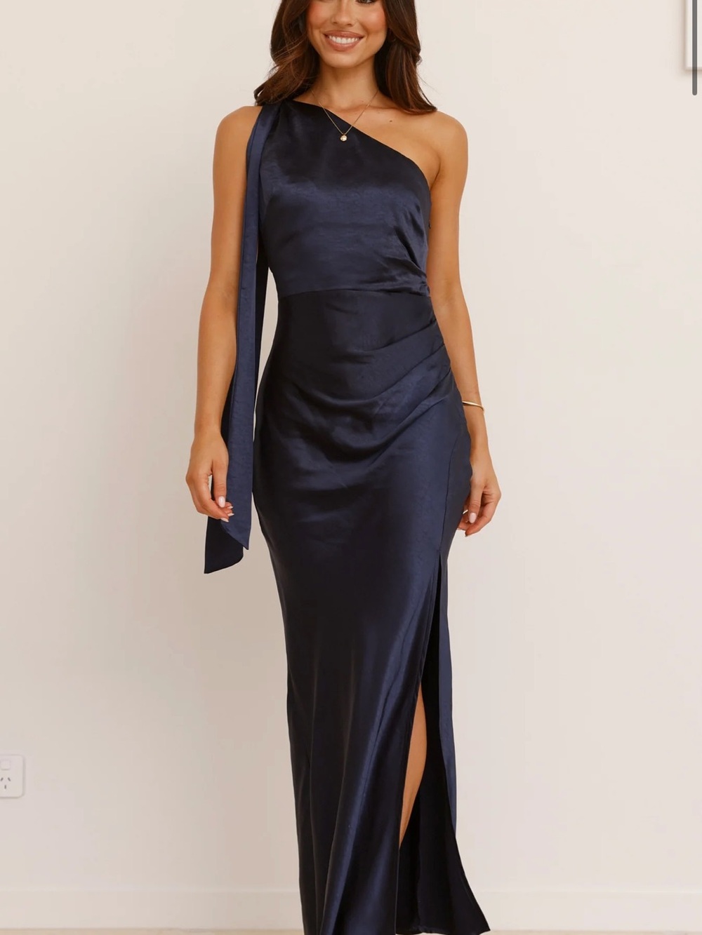 Asymmetrical One-Shoulder Satin Gown in Navy